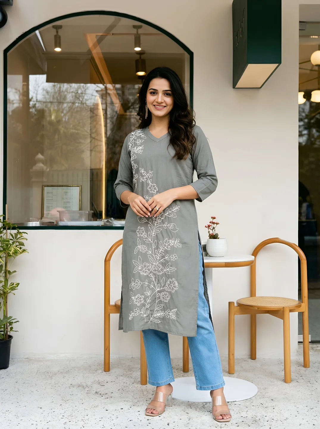 Soft Grey & White Floral Embroidered V-Neck Kurta in Cotton Cambric