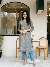 Soft Grey & White Floral Embroidered V-Neck Kurta in Cotton Cambric