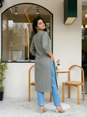 Soft Grey & White Floral Embroidered V-Neck Kurta in Cotton Cambric