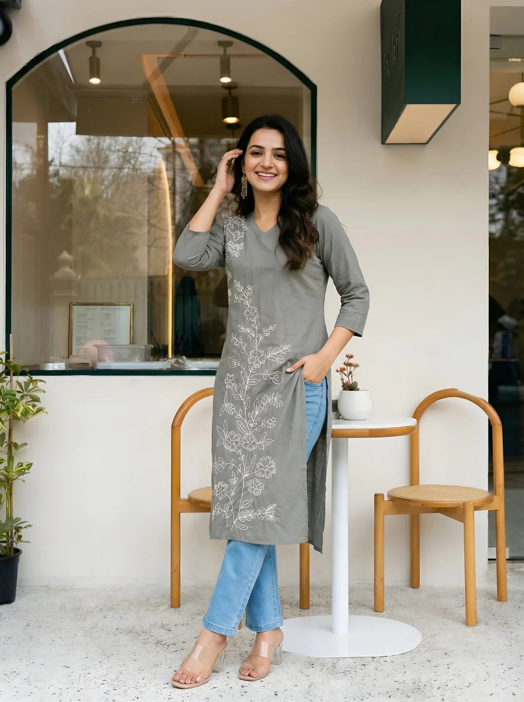Soft Grey & White Floral Embroidered V-Neck Kurta in Cotton Cambric