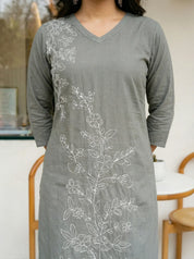 Soft Grey & White Floral Embroidered V-Neck Kurta in Cotton Cambric