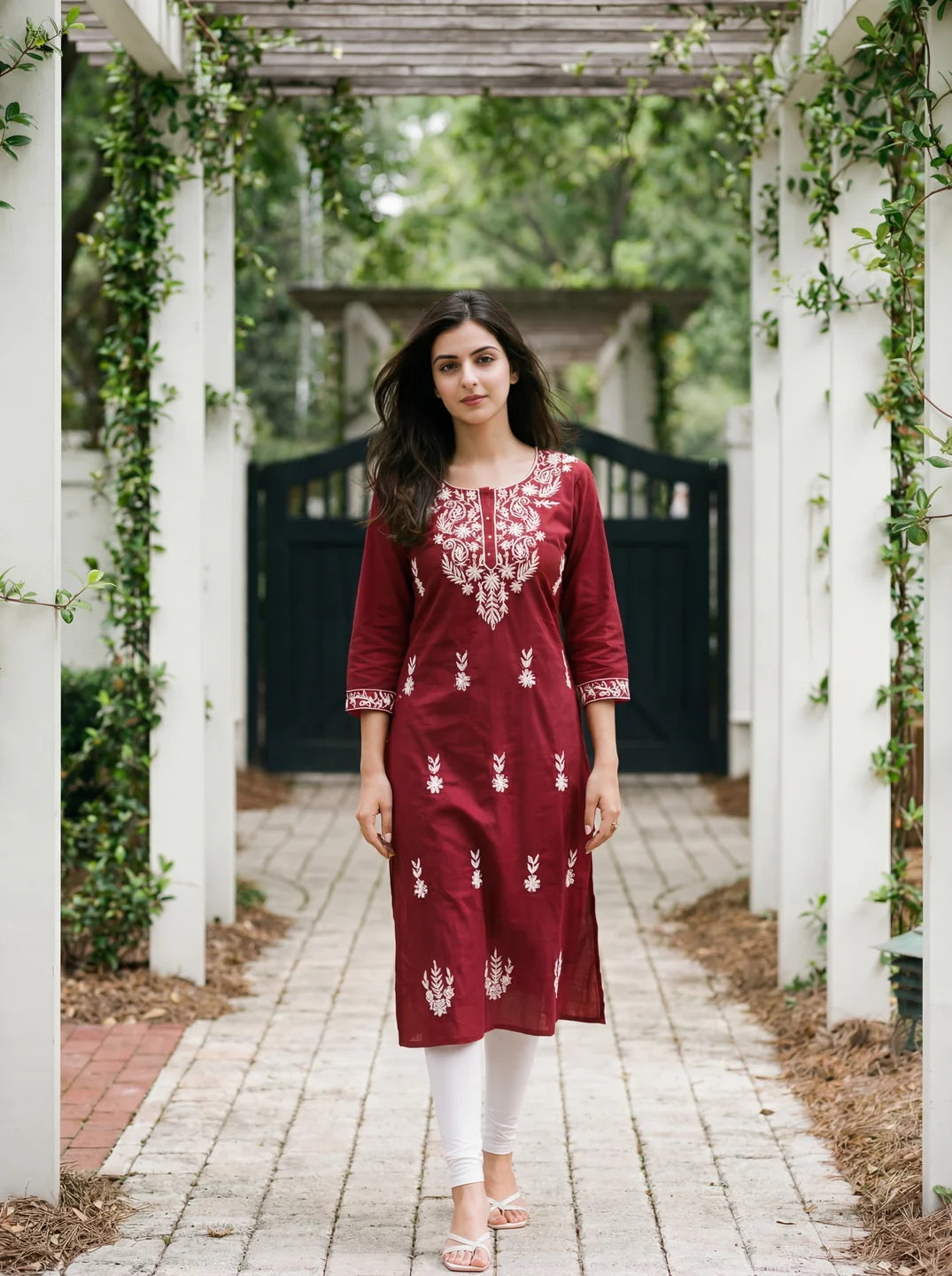Maroon & White Thread Embroidered Kurti in Cotton Cambric