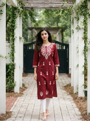Maroon & White Thread Embroidered Kurti in Cotton Cambric