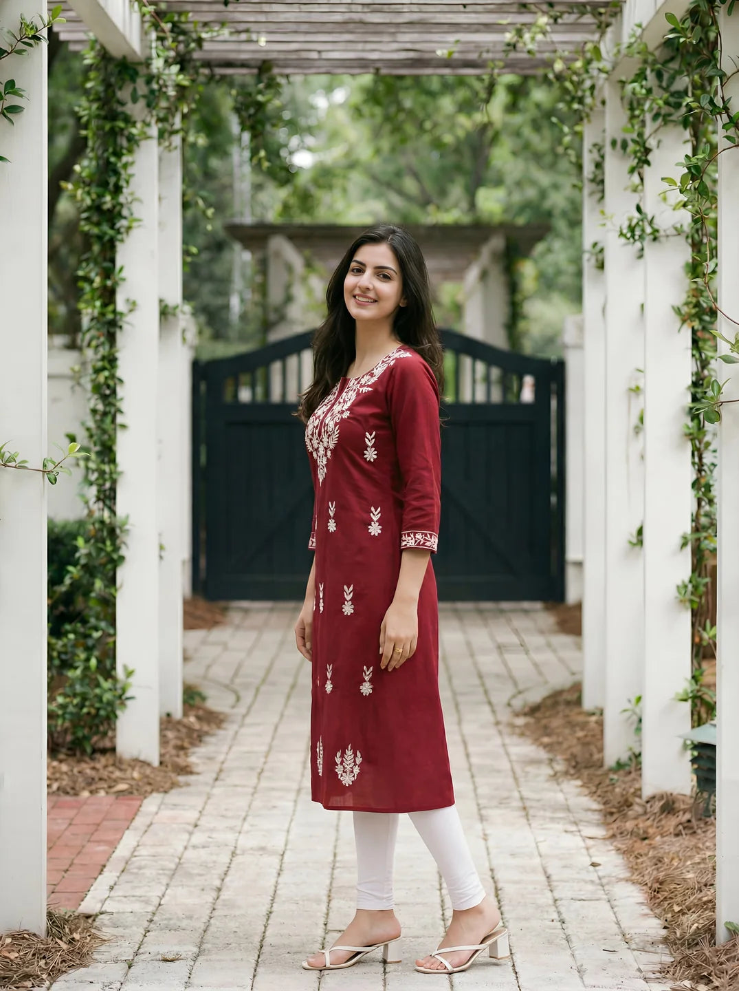 Maroon & White Thread Embroidered Kurti in Cotton Cambric