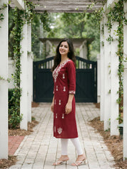 Maroon & White Thread Embroidered Kurti in Cotton Cambric