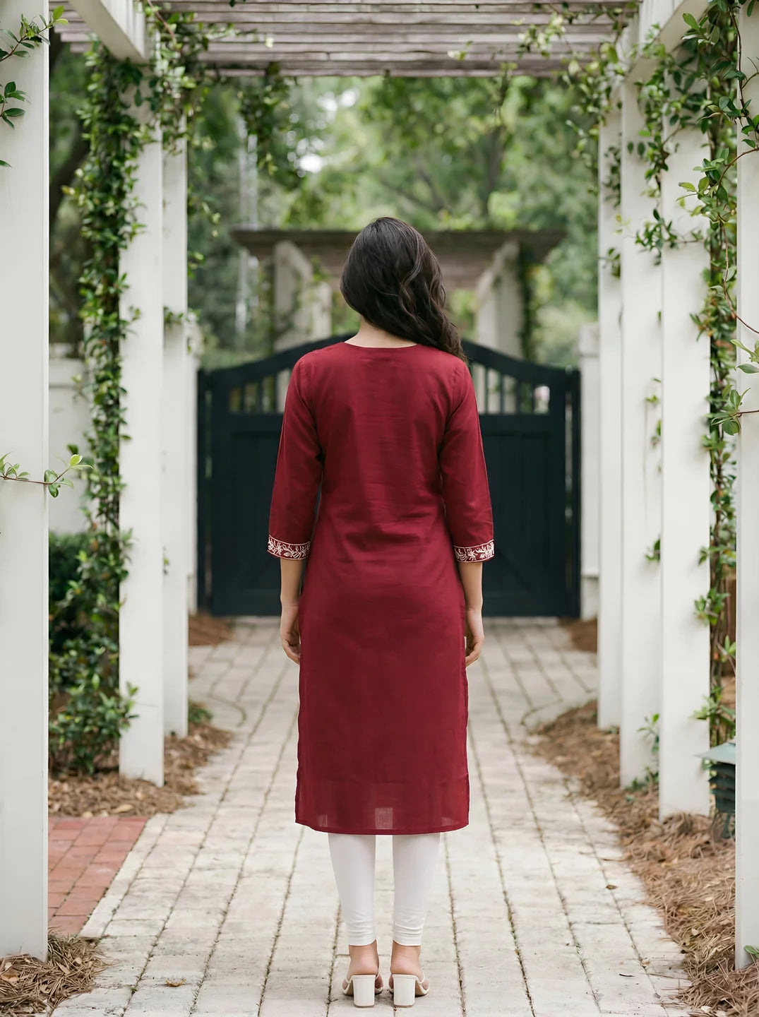 Maroon & White Thread Embroidered Kurti in Cotton Cambric