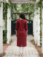 Maroon & White Thread Embroidered Kurti in Cotton Cambric