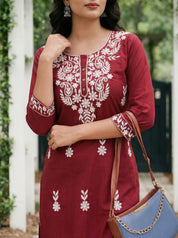 Maroon & White Thread Embroidered Kurti in Cotton Cambric