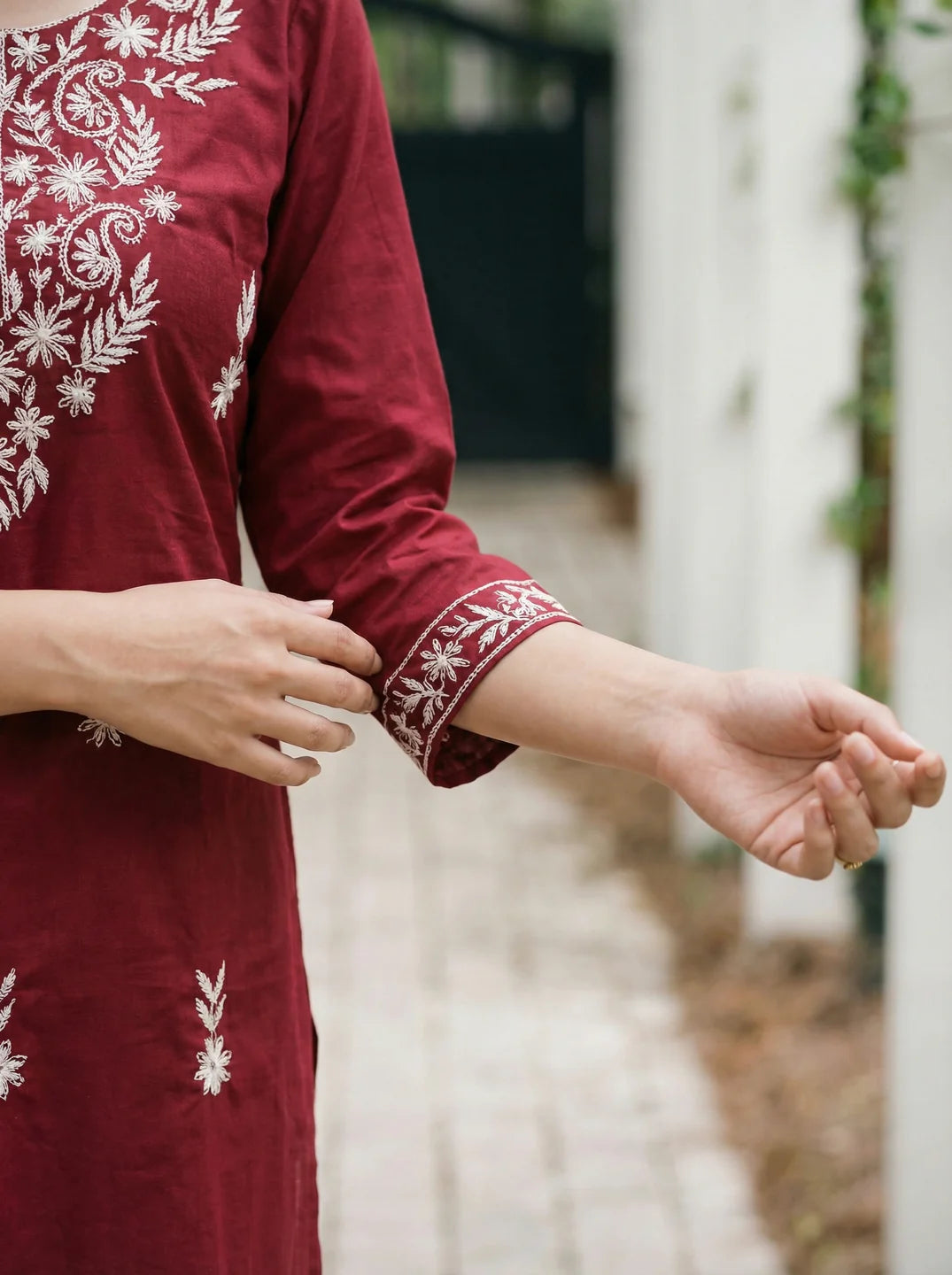 Maroon & White Thread Embroidered Kurti in Cotton Cambric
