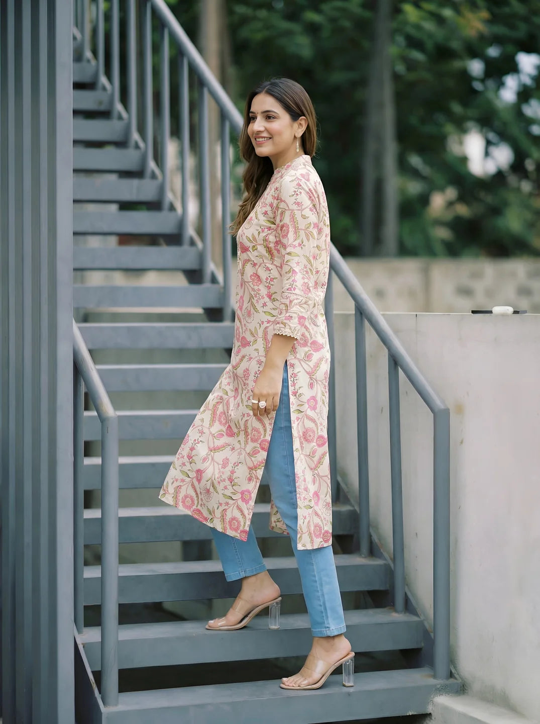 Pink Lace Trimmed Floral Printed Pleated Kurti in Cotton Cambric