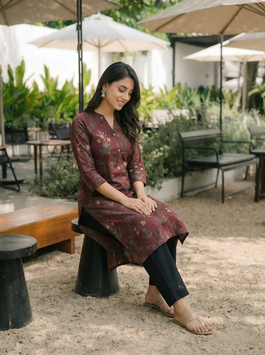 Maroon Floral Printed Fabric Button Long Kurti in Cotton Cambric