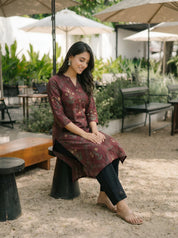 Maroon Floral Printed Fabric Button Long Kurti in Cotton Cambric