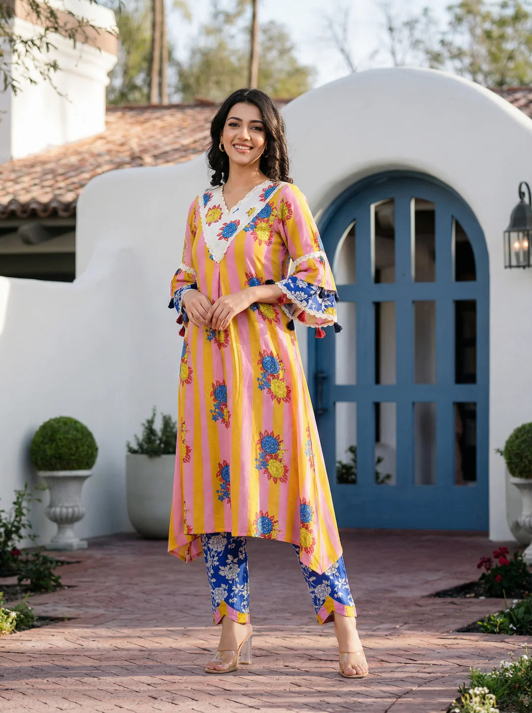 Yellow Bold Floral Printed Muslin Kurta Set