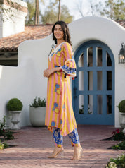 Yellow Bold Floral Printed Muslin Kurta Set