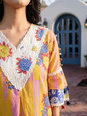 Yellow Bold Floral Printed Muslin Kurta Set