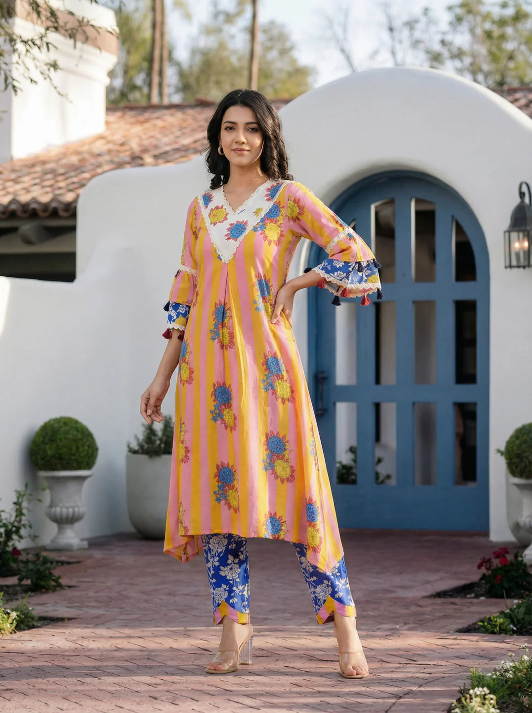 Yellow Bold Floral Printed Muslin Kurta Set