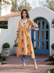 Yellow Bold Floral Printed Muslin Kurta Set