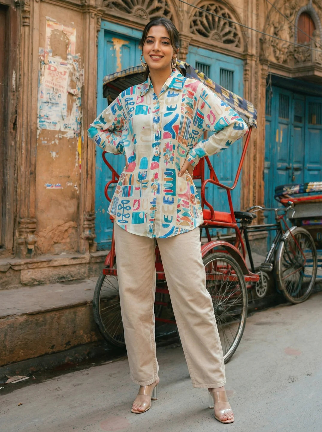 White Longline Printed Shirt Style Tunic With Beads