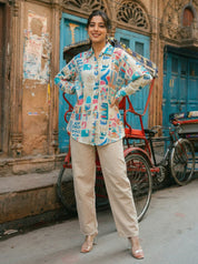 White Longline Printed Shirt Style Tunic With Beads