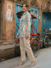 White Longline Printed Shirt Style Tunic With Beads