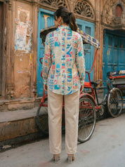 White Longline Printed Shirt Style Tunic With Beads