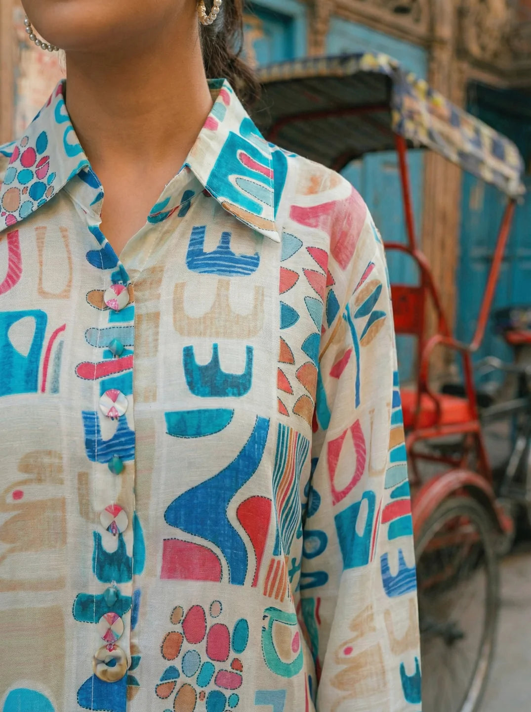White Longline Printed Shirt Style Tunic With Beads