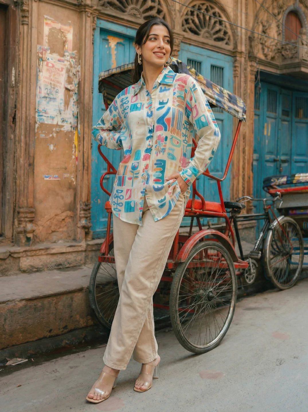 White Longline Printed Shirt Style Tunic With Beads