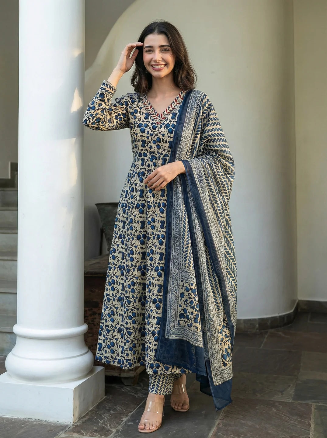 Dark Blue Beige Dabu Print Cotton Kurta Set with Dupatta