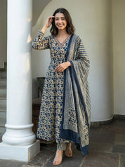 Dark Blue Beige Dabu Print Cotton Kurta Set with Dupatta