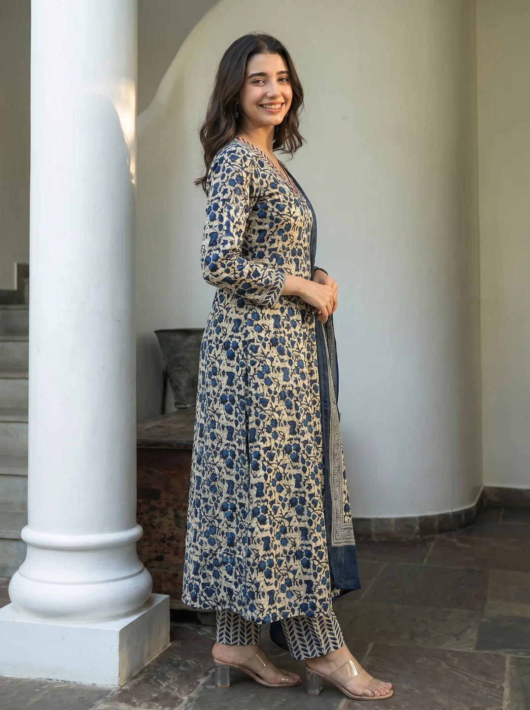 Dark Blue Beige Dabu Print Cotton Kurta Set with Dupatta