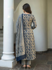 Dark Blue Beige Dabu Print Cotton Kurta Set with Dupatta