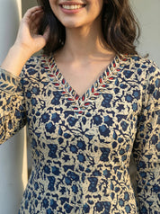 Dark Blue Beige Dabu Print Cotton Kurta Set with Dupatta