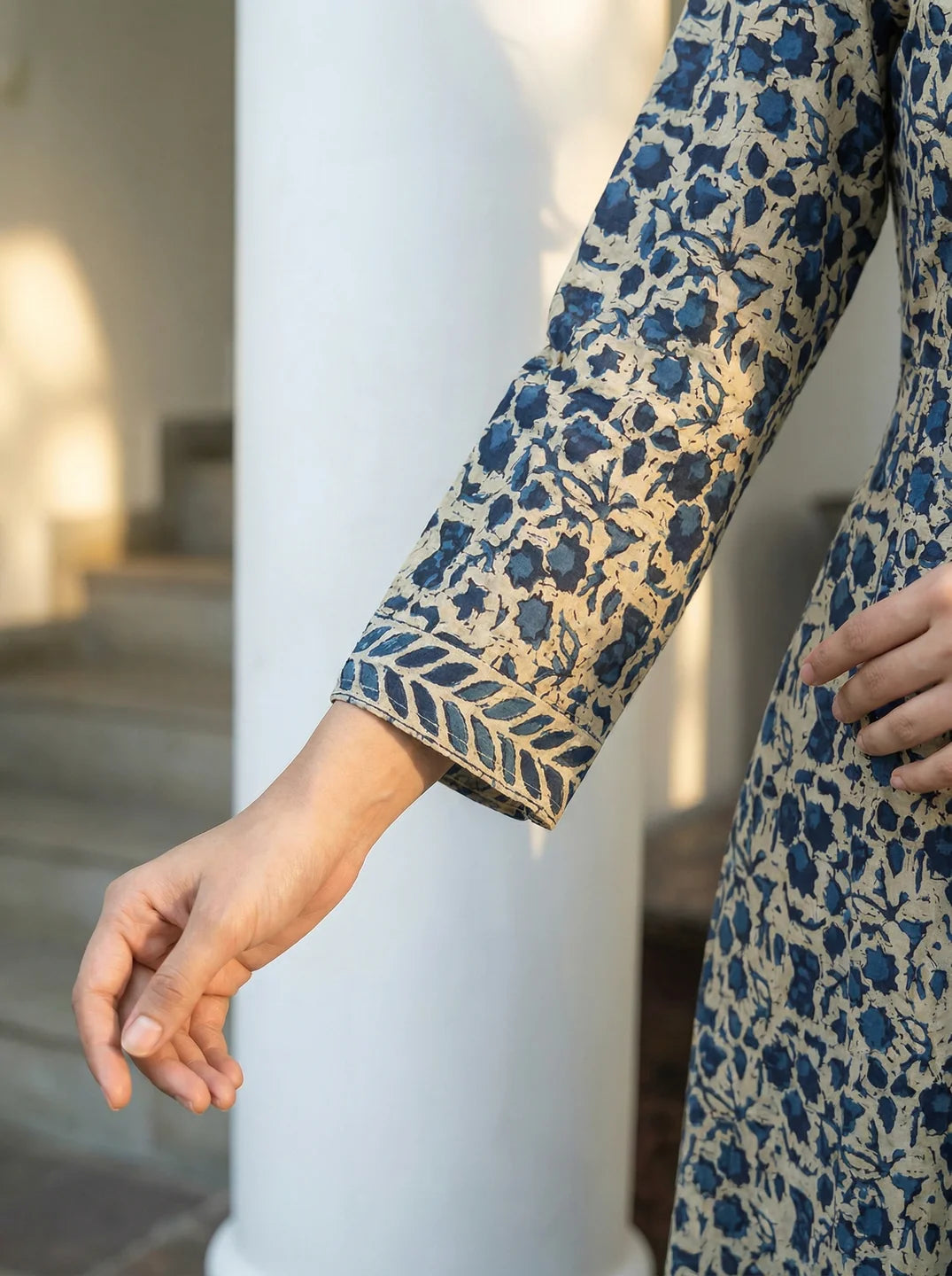 Dark Blue Beige Dabu Print Cotton Kurta Set with Dupatta