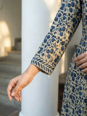 Dark Blue Beige Dabu Print Cotton Kurta Set with Dupatta
