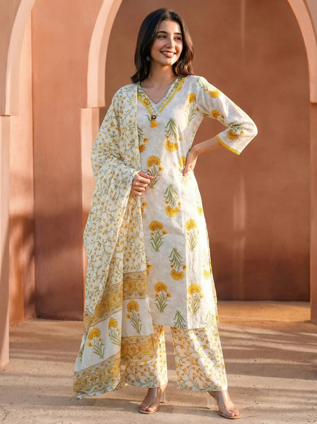White Yellow Floral Print Cotton Kurta Set with Dupatta
