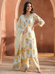 White Yellow Floral Print Cotton Kurta Set with Dupatta