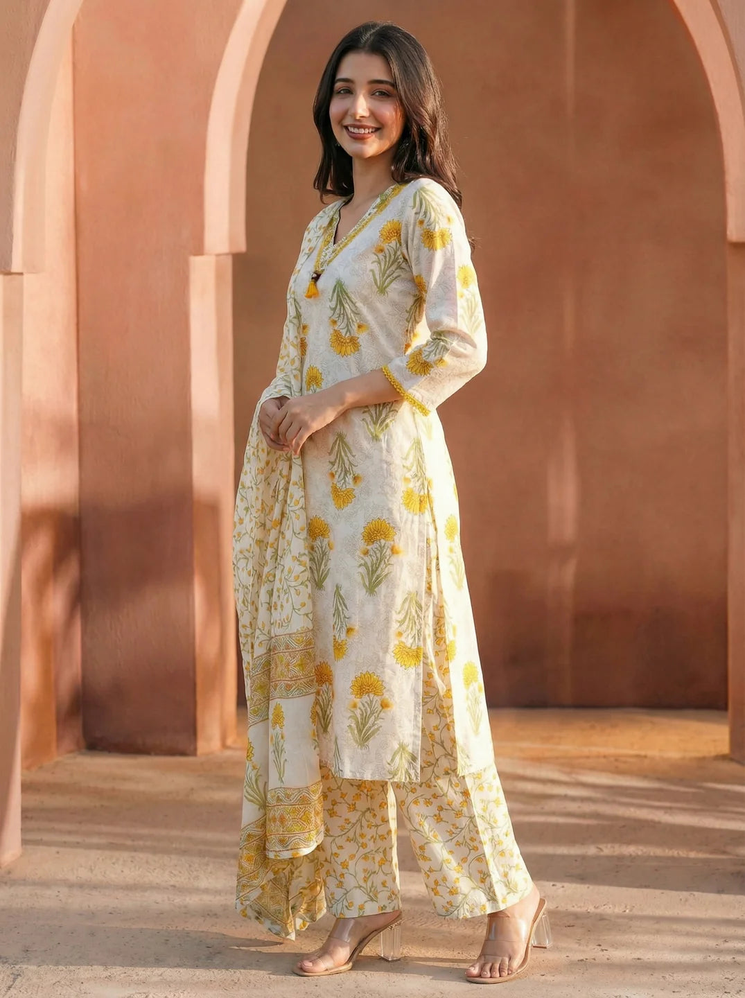 White Yellow Floral Print Cotton Kurta Set with Dupatta
