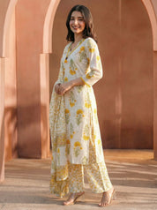White Yellow Floral Print Cotton Kurta Set with Dupatta