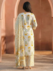 White Yellow Floral Print Cotton Kurta Set with Dupatta