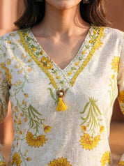 White Yellow Floral Print Cotton Kurta Set with Dupatta