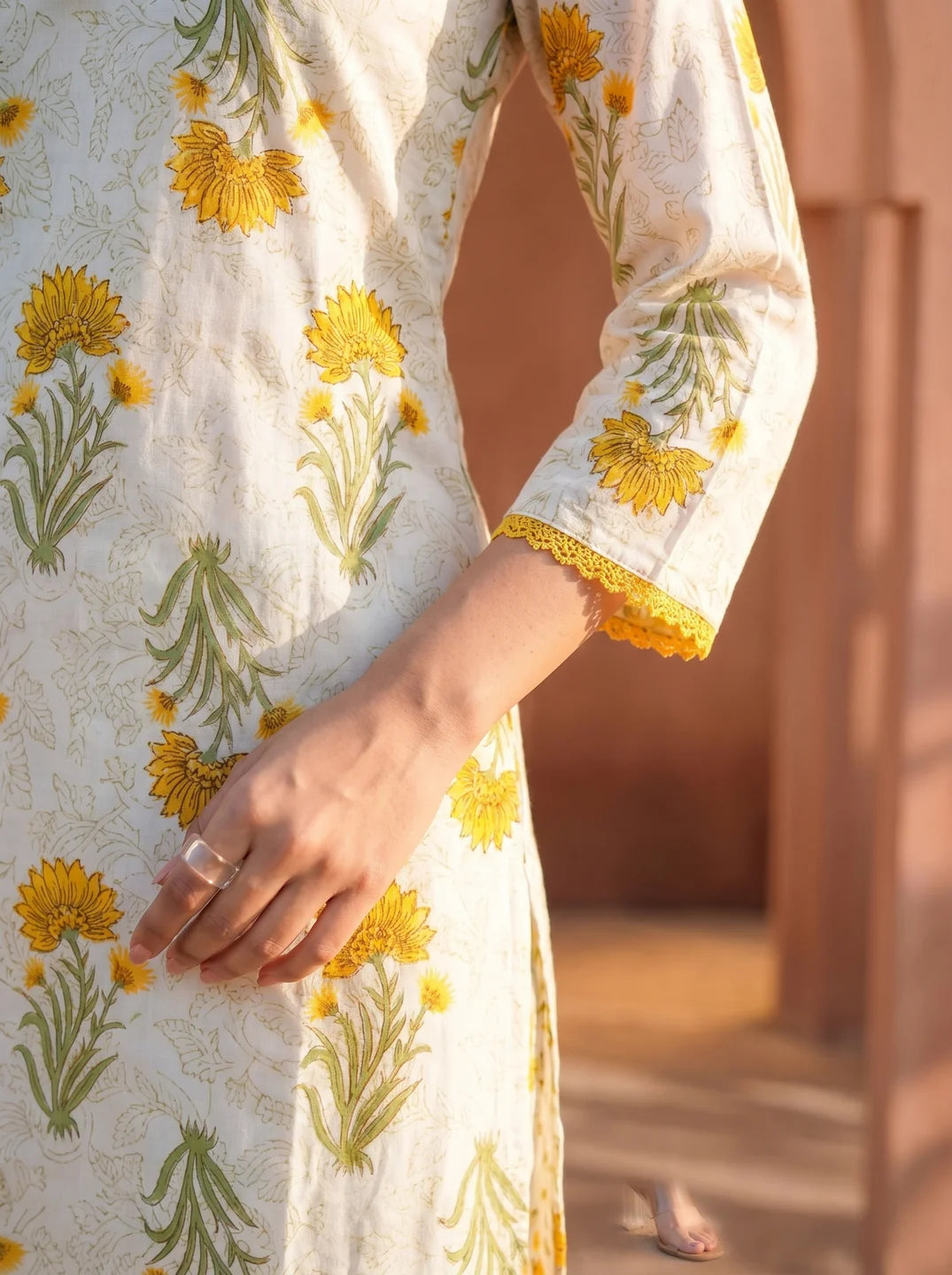 White Yellow Floral Print Cotton Kurta Set with Dupatta