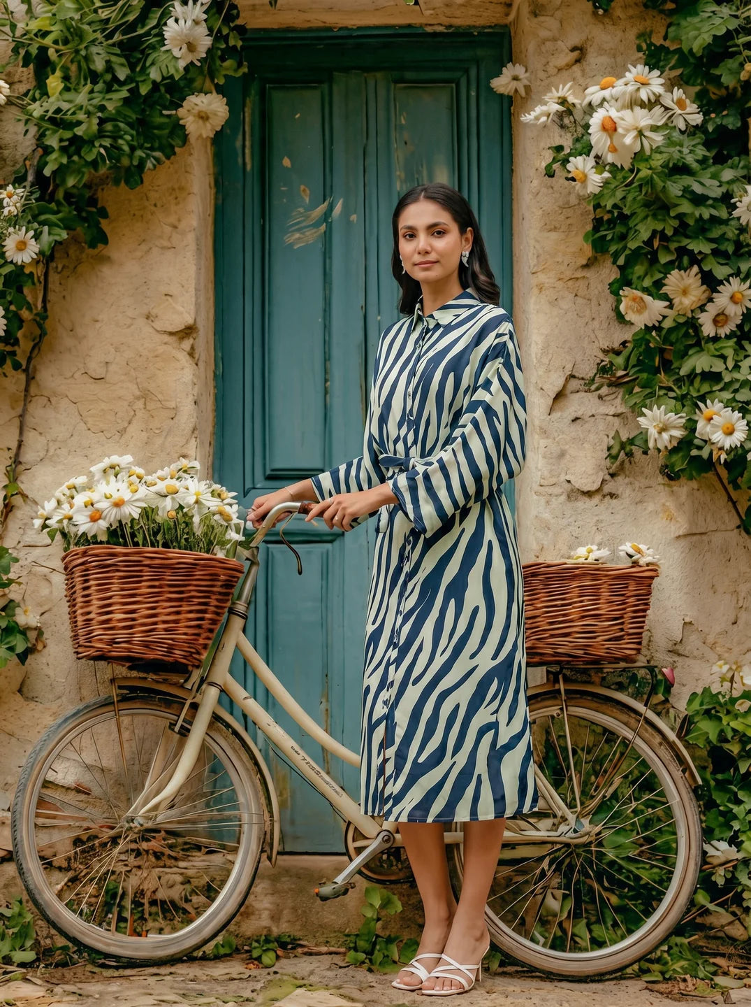 Navy Blue & Off-White Abstract Stripe Tie-Front Midi Dress in Russian Silk