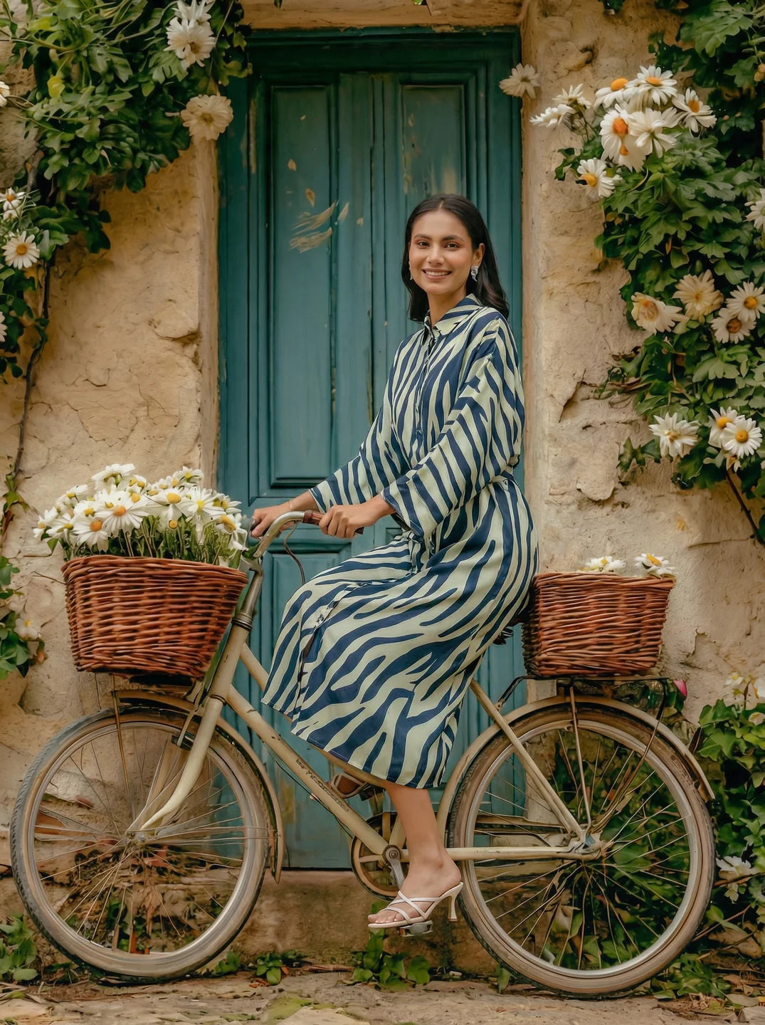 Navy Blue & Off-White Abstract Stripe Tie-Front Midi Dress in Russian Silk