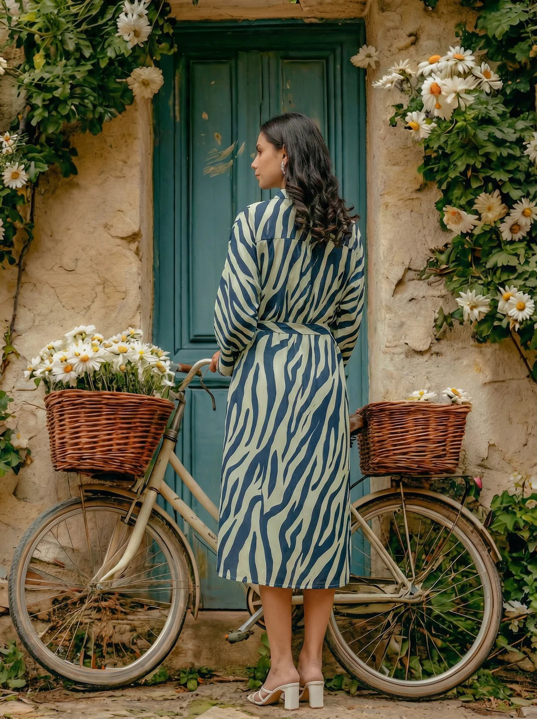 Navy Blue & Off-White Abstract Stripe Tie-Front Midi Dress in Russian Silk