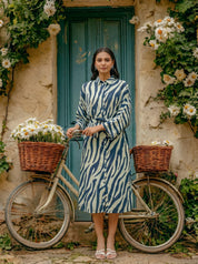 Navy Blue & Off-White Abstract Stripe Tie-Front Midi Dress in Russian Silk