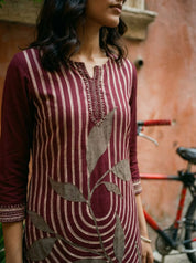Wine Cream Leaf Print Kurta Palazzo Set in German Rayon