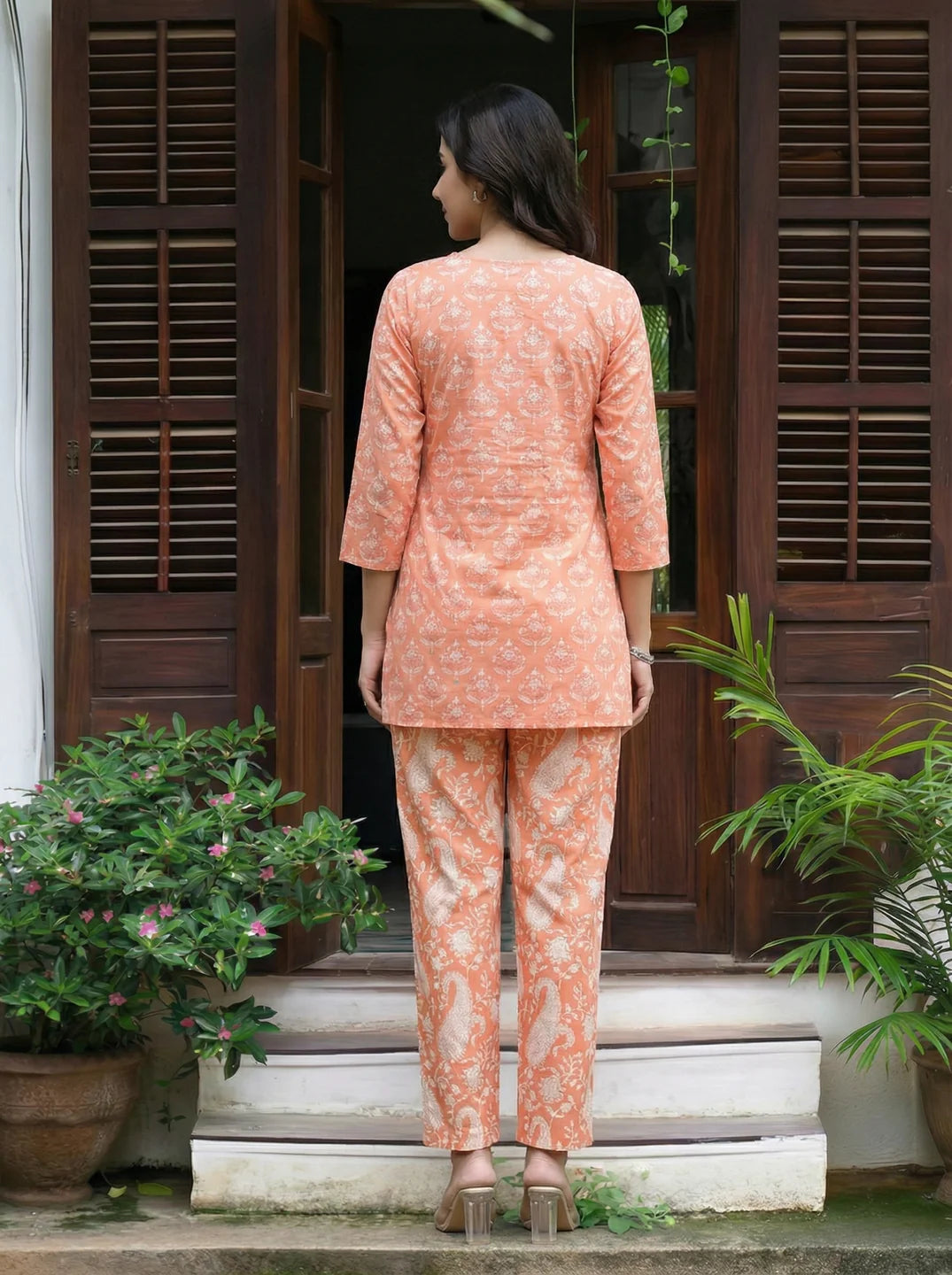 Peach Color Foral Print Cotton Kurta With Pant