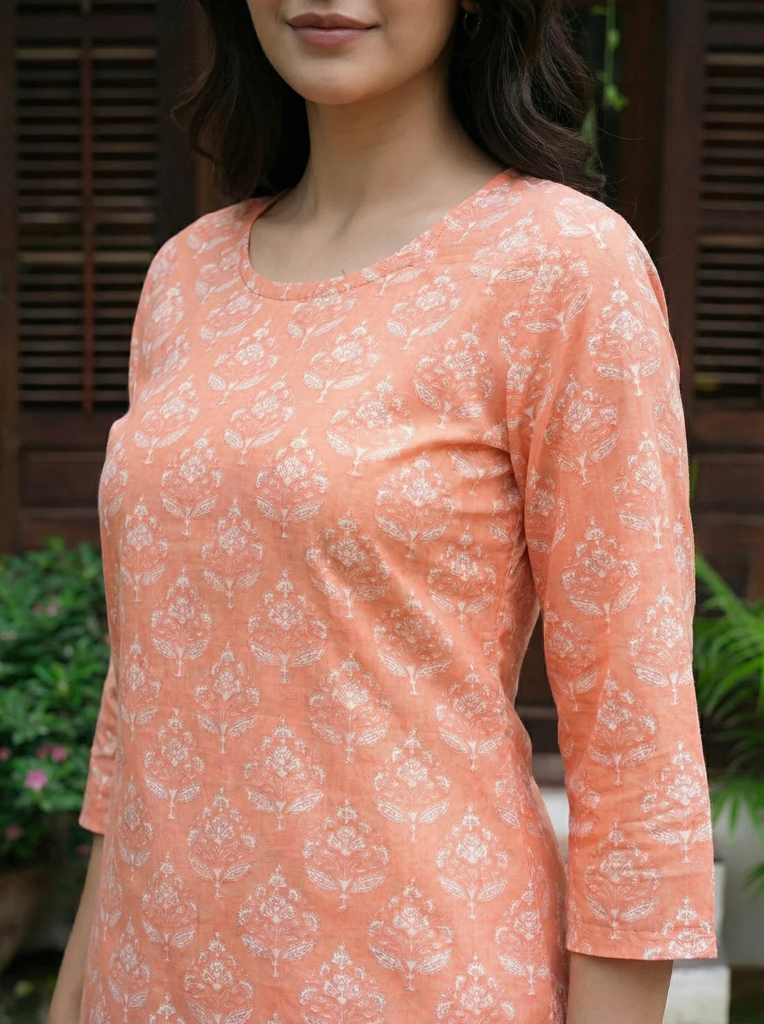 Peach Color Foral Print Cotton Kurta With Pant