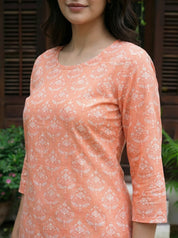 Peach Color Foral Print Cotton Kurta With Pant