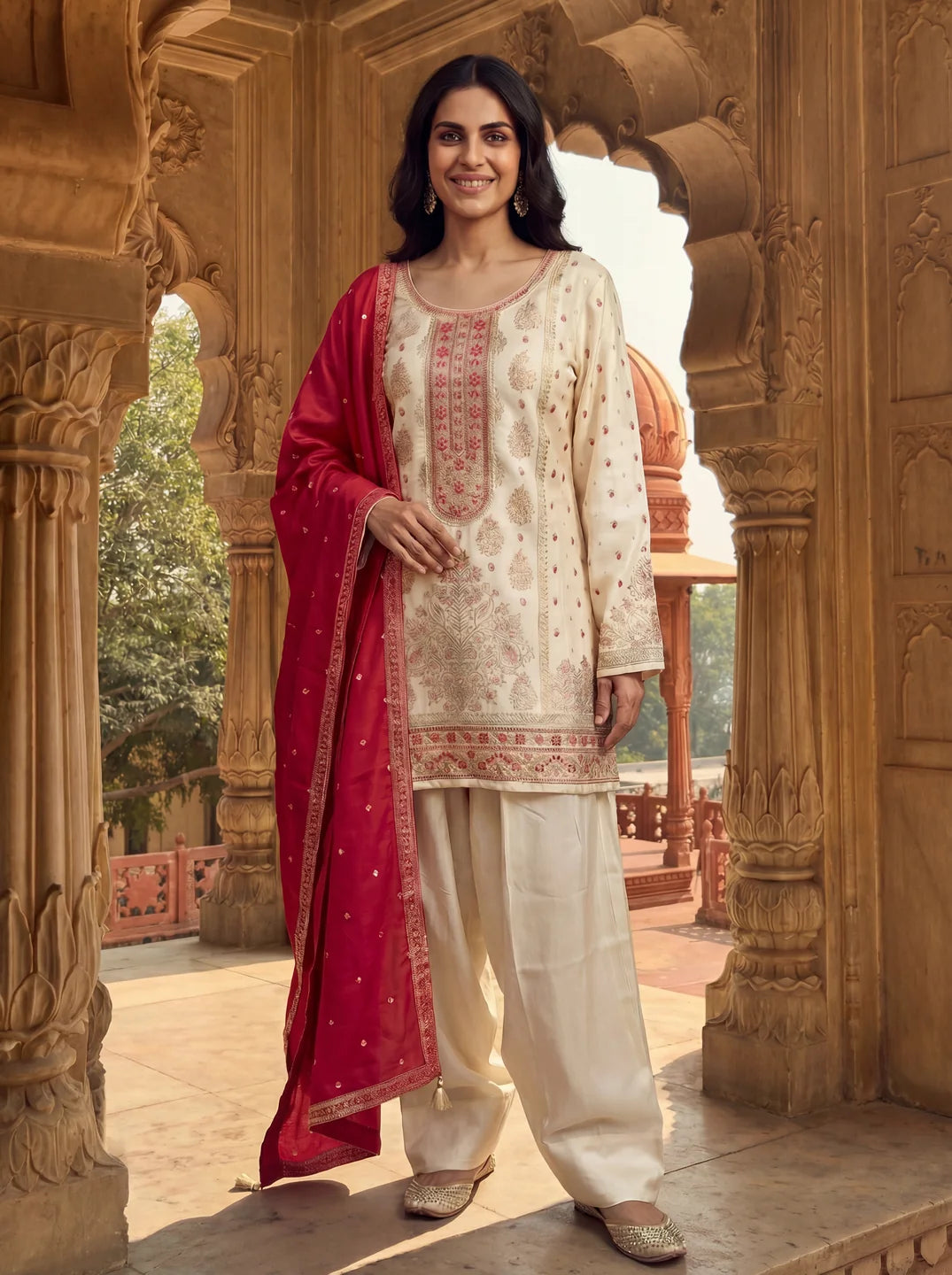 Cream Pink Farsi Salwar Set with Dupatta In Viscose